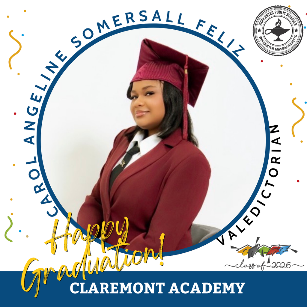 A young woman in a graduation cap and gown smiles, with text celebrating her graduation from Claremont Academy.