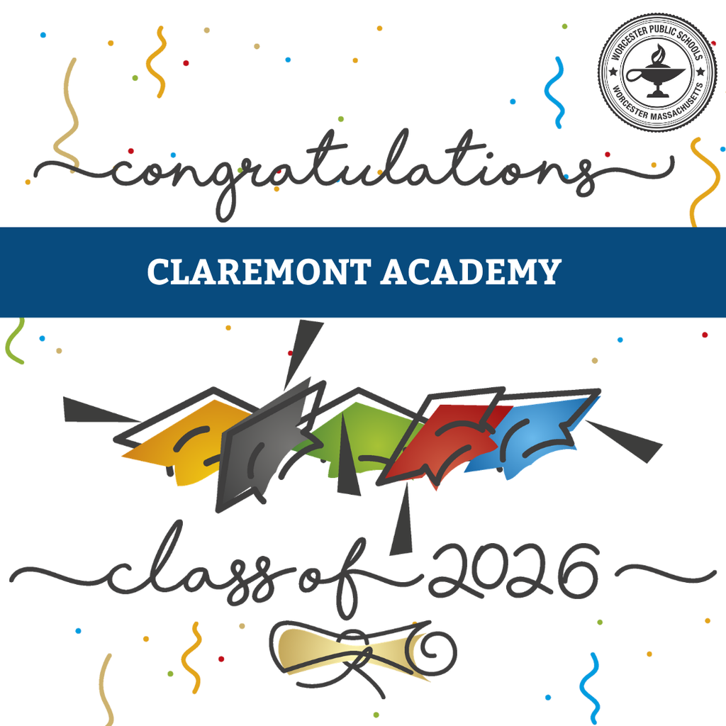 Congratulations to Claremont Academy Class of 2026 with colorful graduation caps and confetti.
