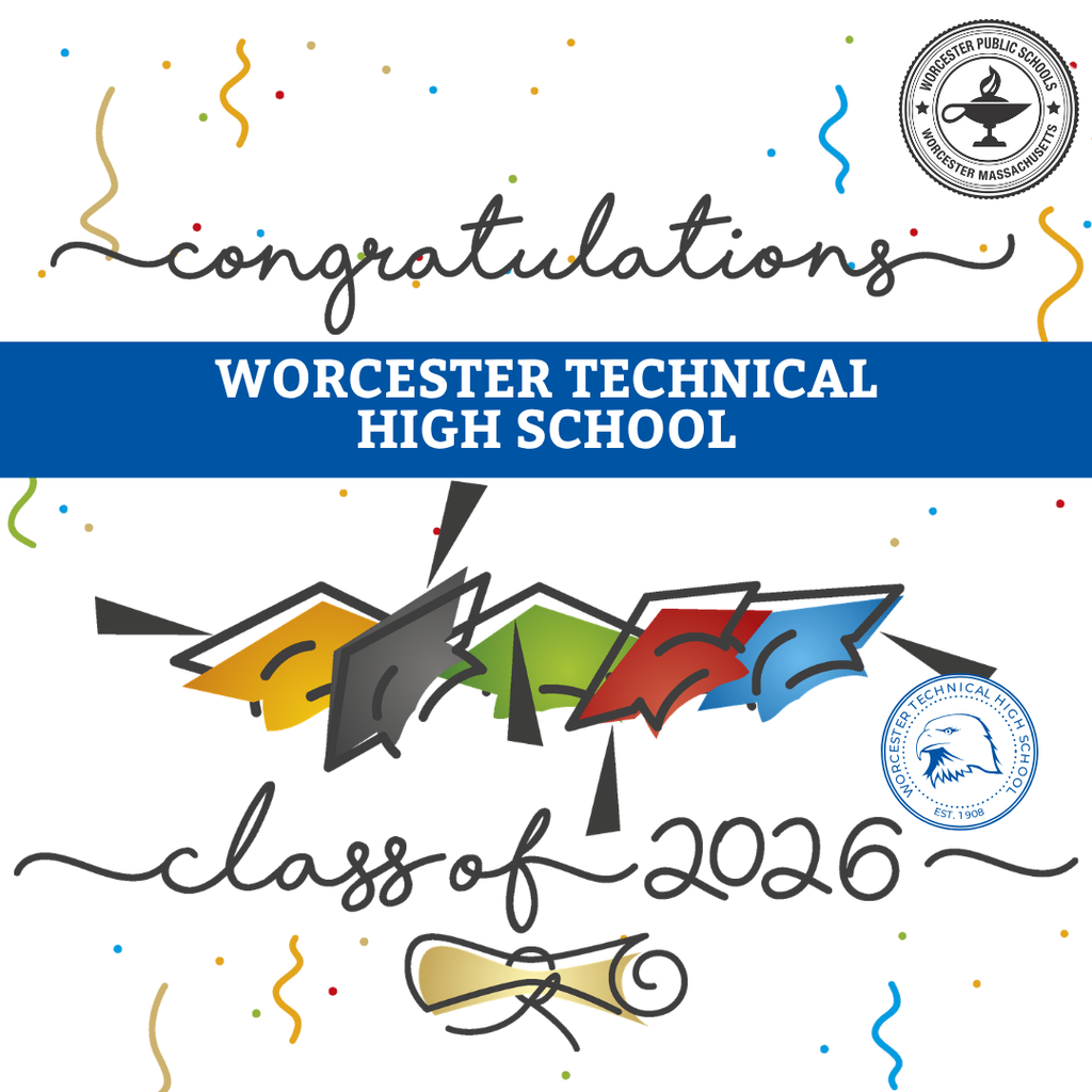 Congratulations to the Worcester Technical High School Class of 2026, with colorful graduation caps and confetti.