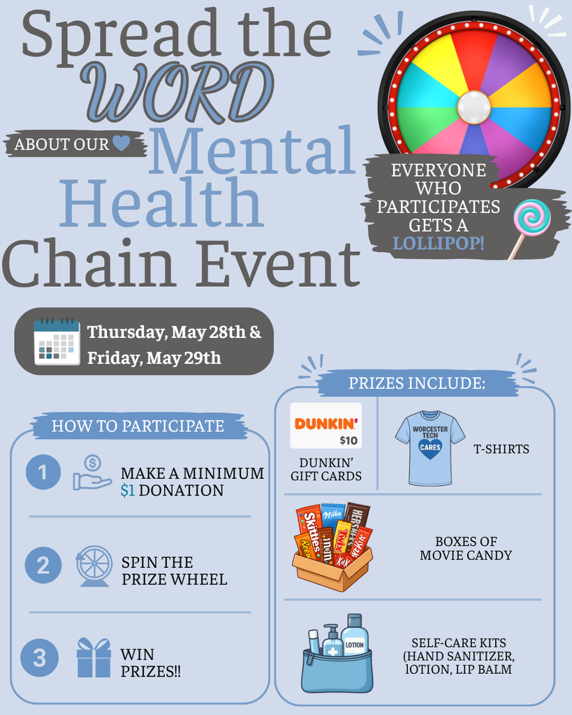 A light blue and navy event flyer promoting a Mental Health Chain Event at Worcester Tech. 