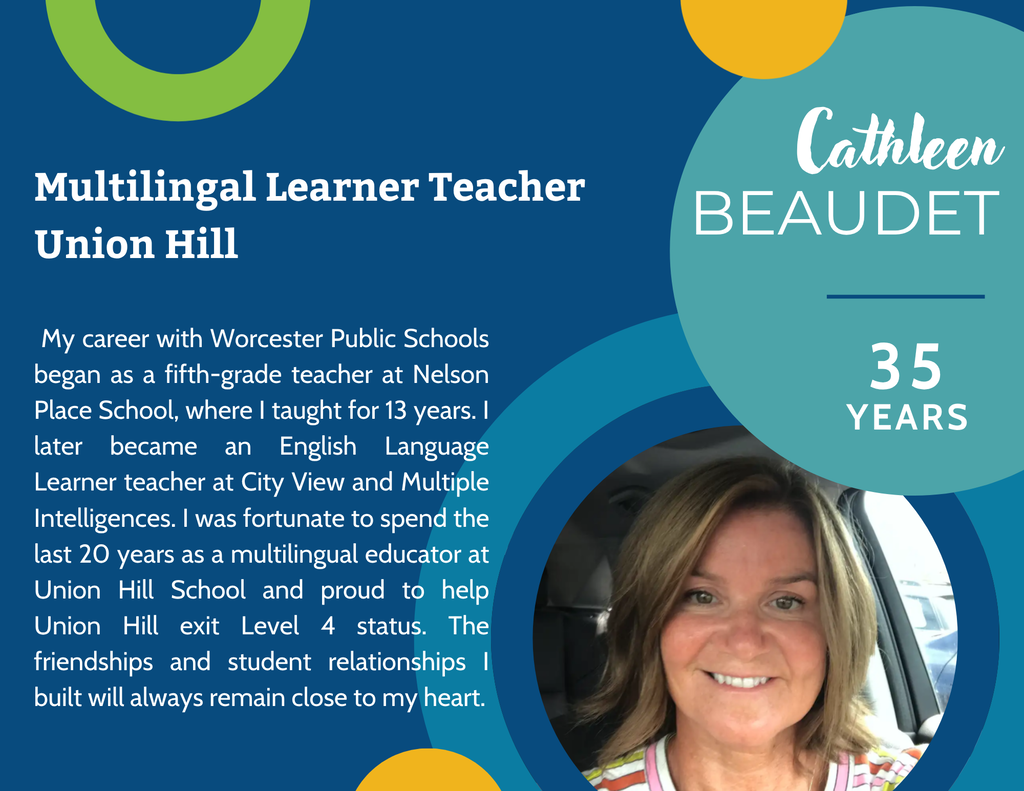 Portrait of Cathleen Beaudet, a Multilingual Learner Teacher at Union Hill, with 35 years of experience.