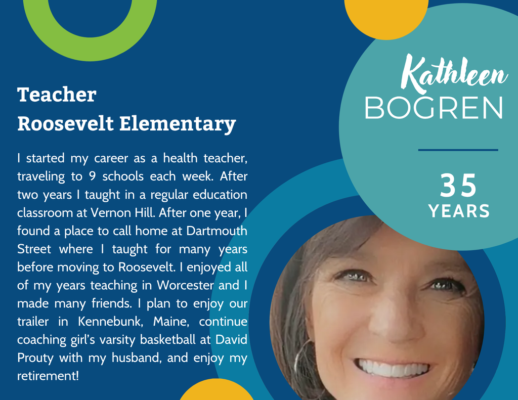 Portrait of Kathleen Bogren, a teacher at Roosevelt Elementary, with text detailing her 35-year career.