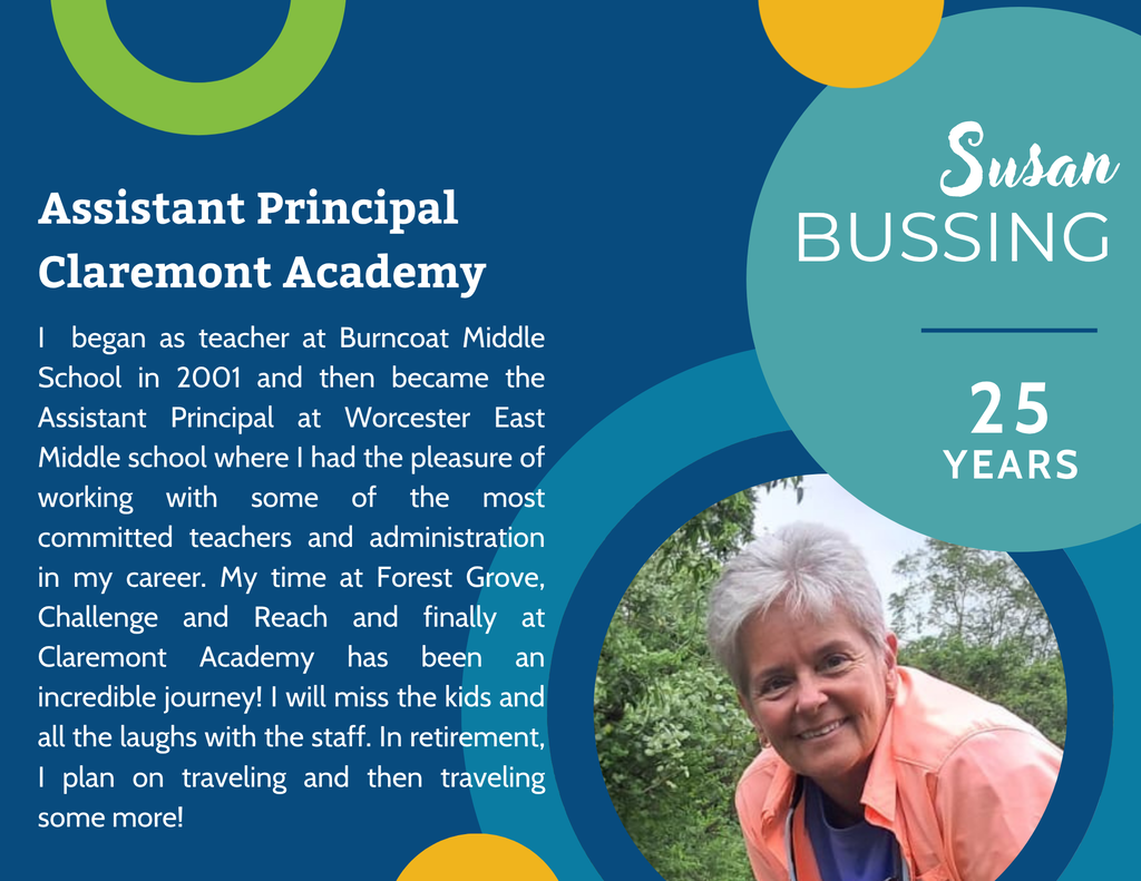 Assistant Principal Susan Bussing of Claremont Academy, celebrating 25 years of service.
