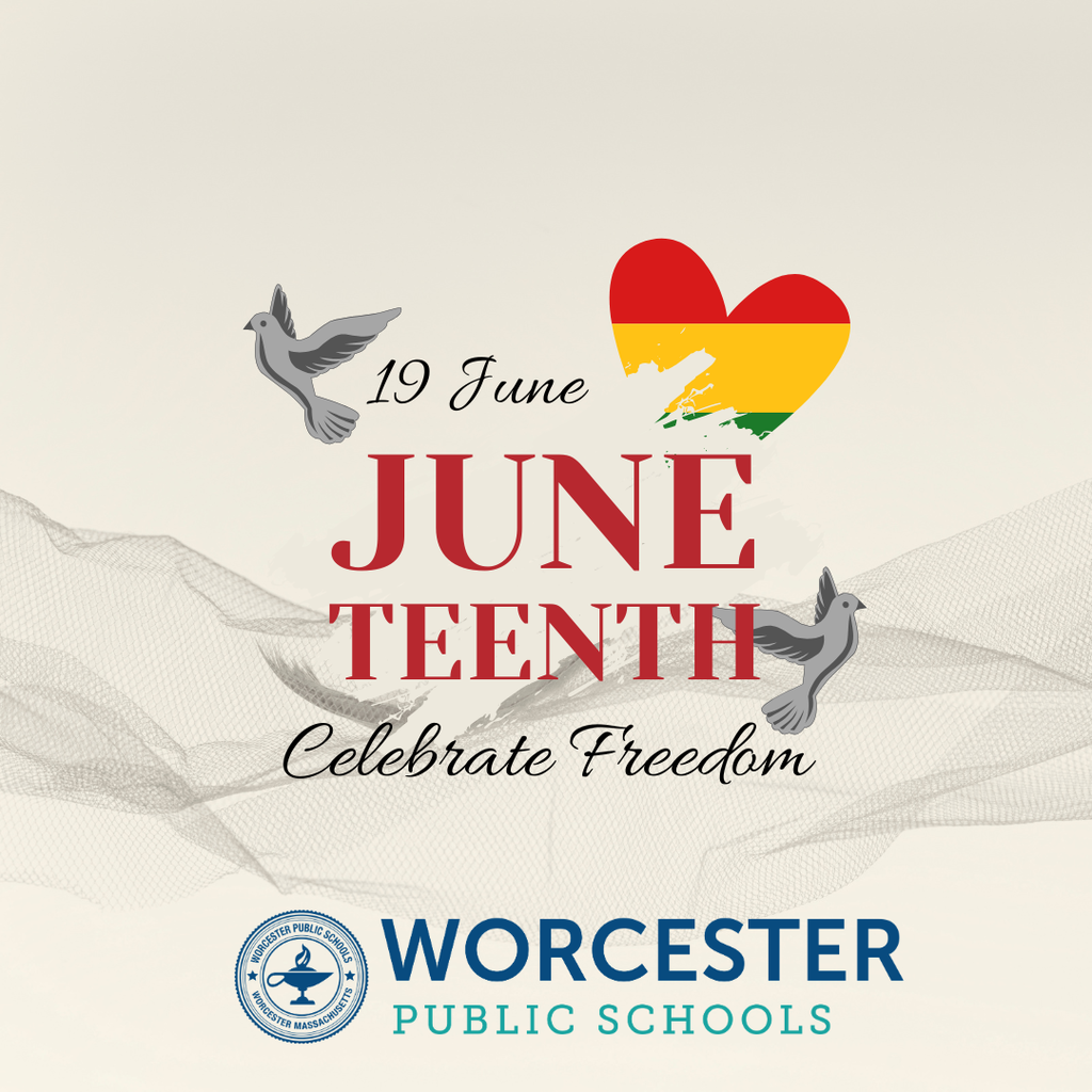 A graphic celebrating Juneteenth with the text '19 June JUNETEENTH Celebrate Freedom' and a heart in Pan-African colors.