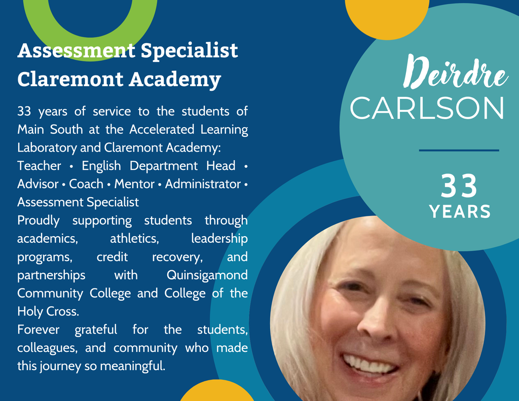 Portrait of Deirdre Carlson, an Assessment Specialist at Claremont Academy, celebrating 33 years of service.