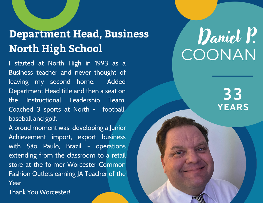 Portrait of Daniel P. Coonan, Department Head of Business at North High School, with text detailing his career and 33 years of service.
