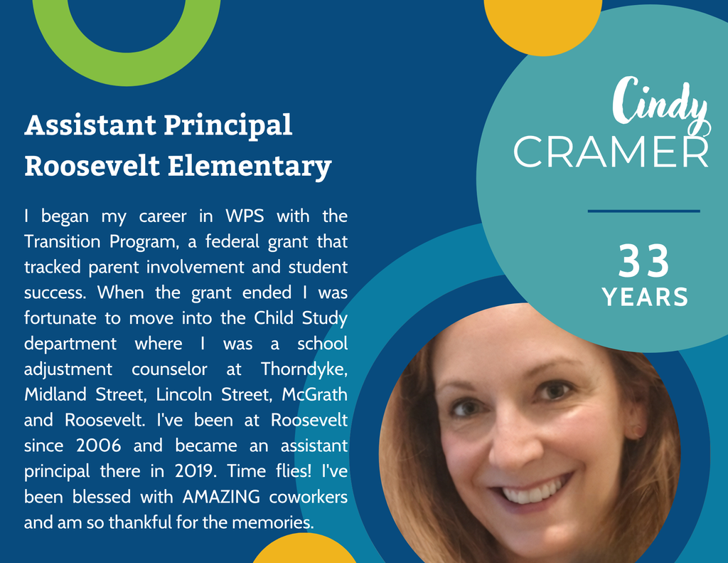 Portrait of Cindy Cramer, Assistant Principal at Roosevelt Elementary, with text detailing her career.