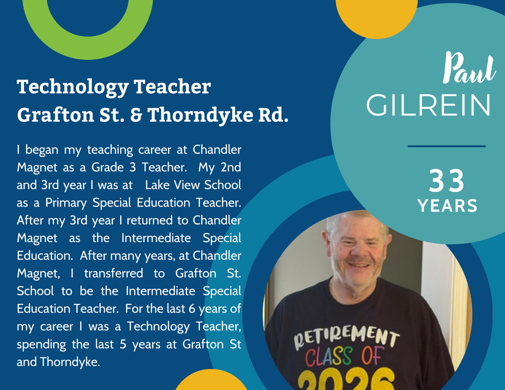 A portrait of Paul Gilrein, a Technology Teacher at Grafton St. & Thorndyke Rd., with text detailing his teaching career.