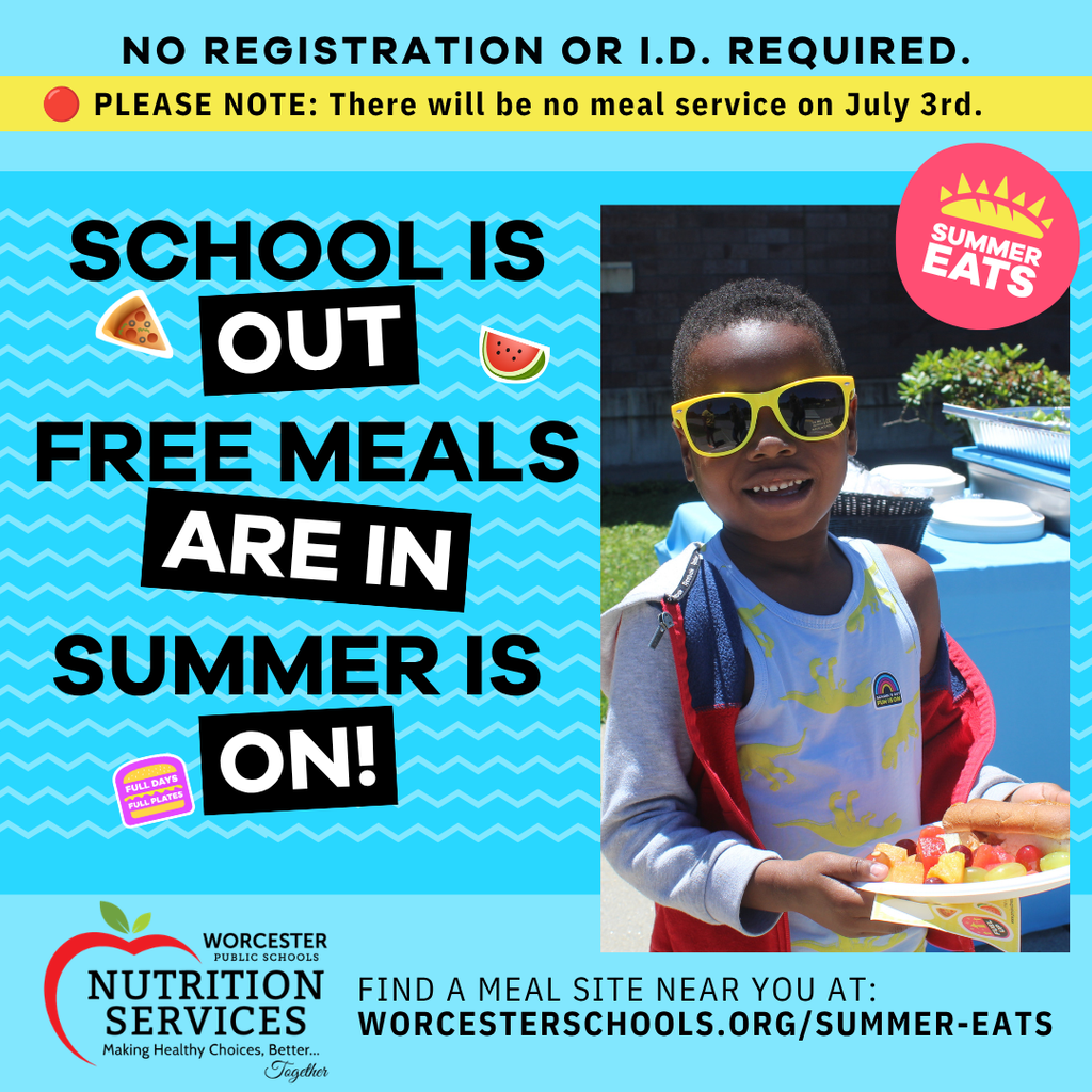 A smiling child in yellow sunglasses holds a plate of fruit, with text announcing "School is Out, Free Meals Are In, Summer is On!"
