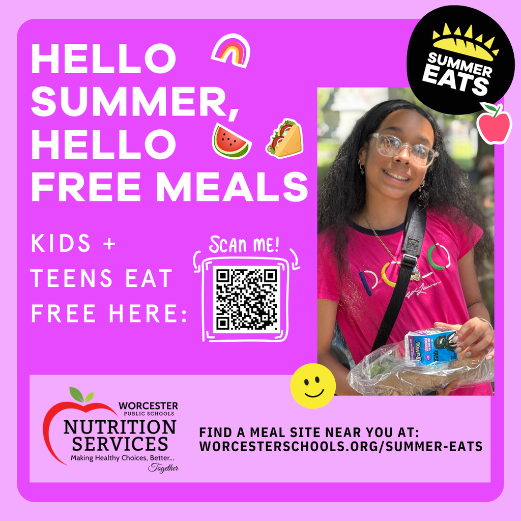 A smiling girl holds a meal bag, promoting Worcester Public Schools' Summer Eats program.