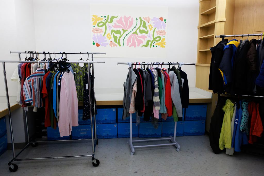 Clothes racks in the newly renovated changing area for students.