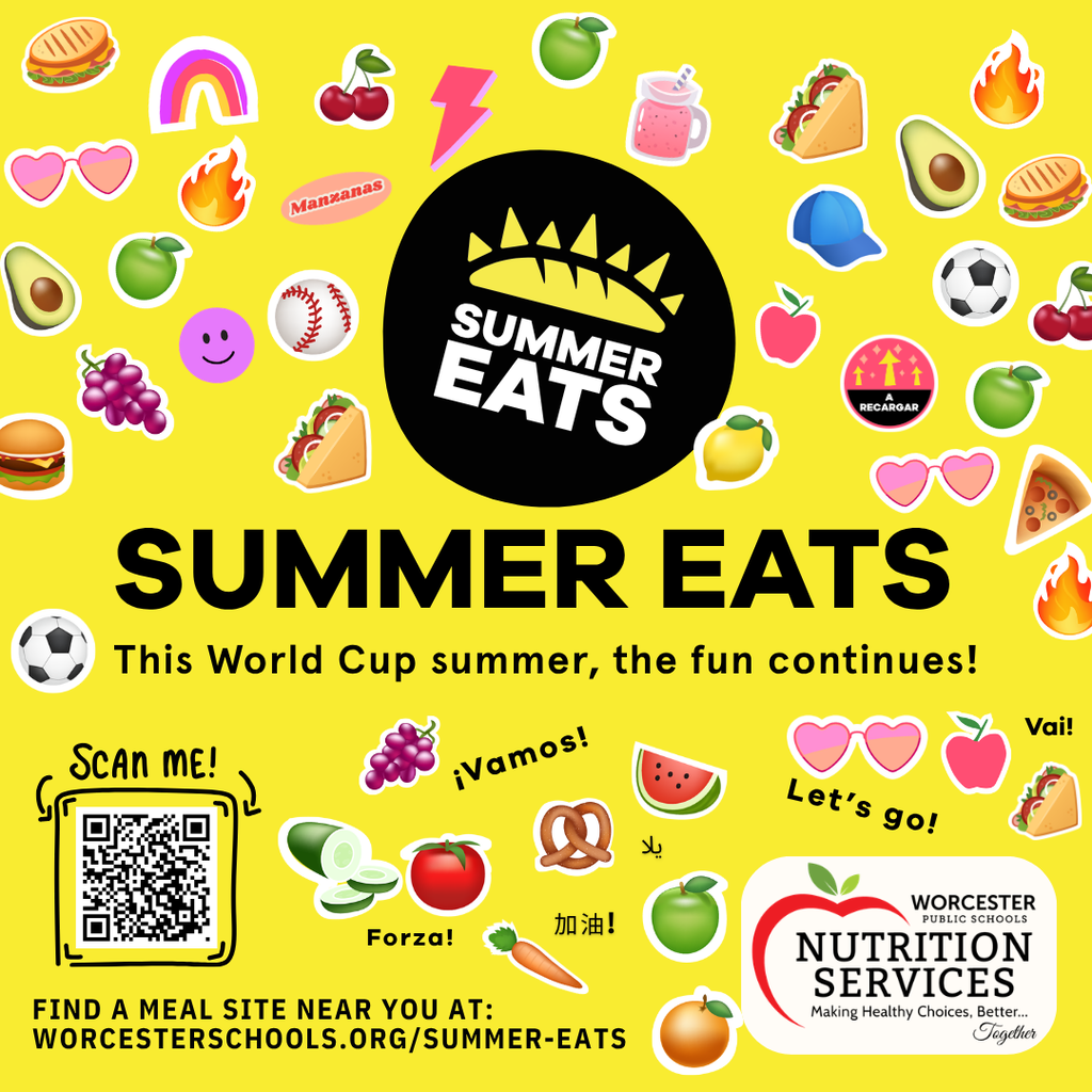 A bright yellow graphic promotes "Summer Eats" with various food and fun icons, including burgers, pizza, fruits, and sports balls.