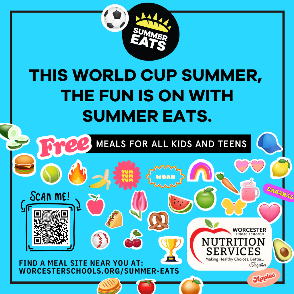 A bright blue graphic announces "Summer Eats" with a soccer ball and "Summer Eats" logo at the top.