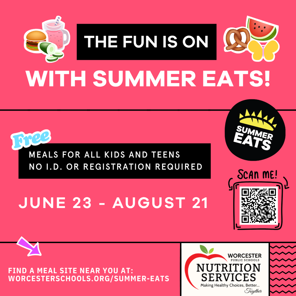 Poster announces "The Fun Is On With Summer Eats!" offering free meals for kids and teens from June 23 - August 21.