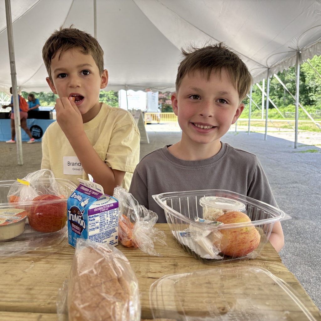 Two young boys smile at the camera while sitting at a picnic table with their lunches.