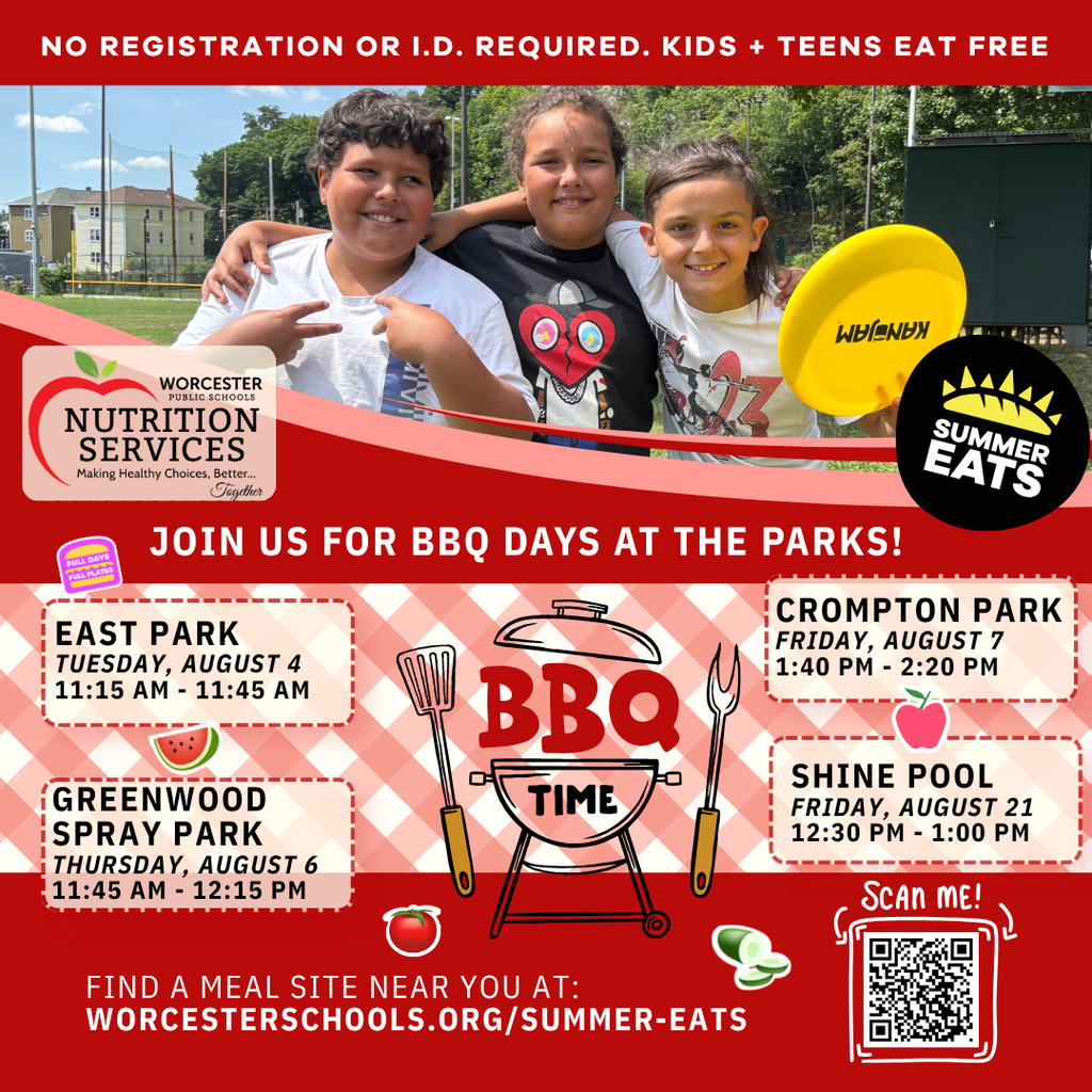 Three smiling children pose for a photo with a yellow frisbee, promoting free summer meals for kids and teens.
