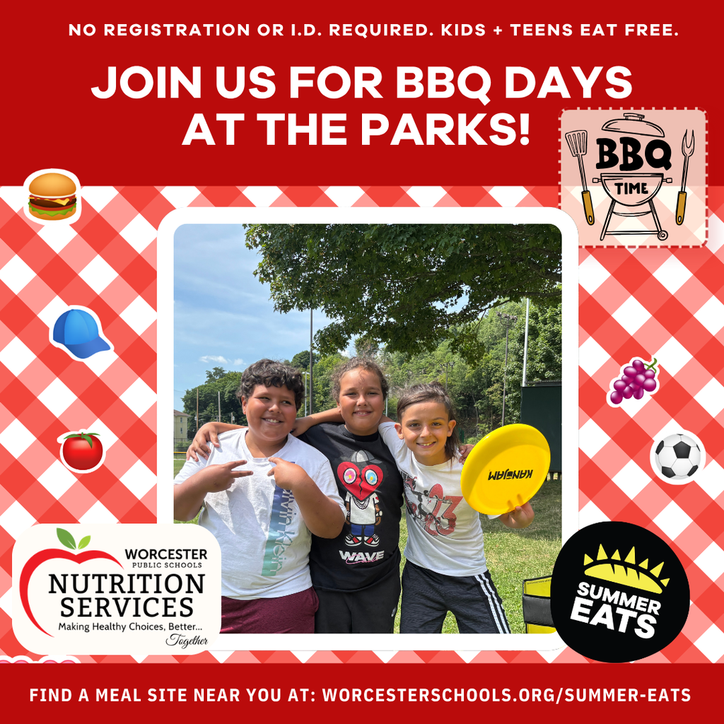 Three smiling children pose for a photo at a park event, with text promoting "BBQ DAYS AT THE PARKS!"