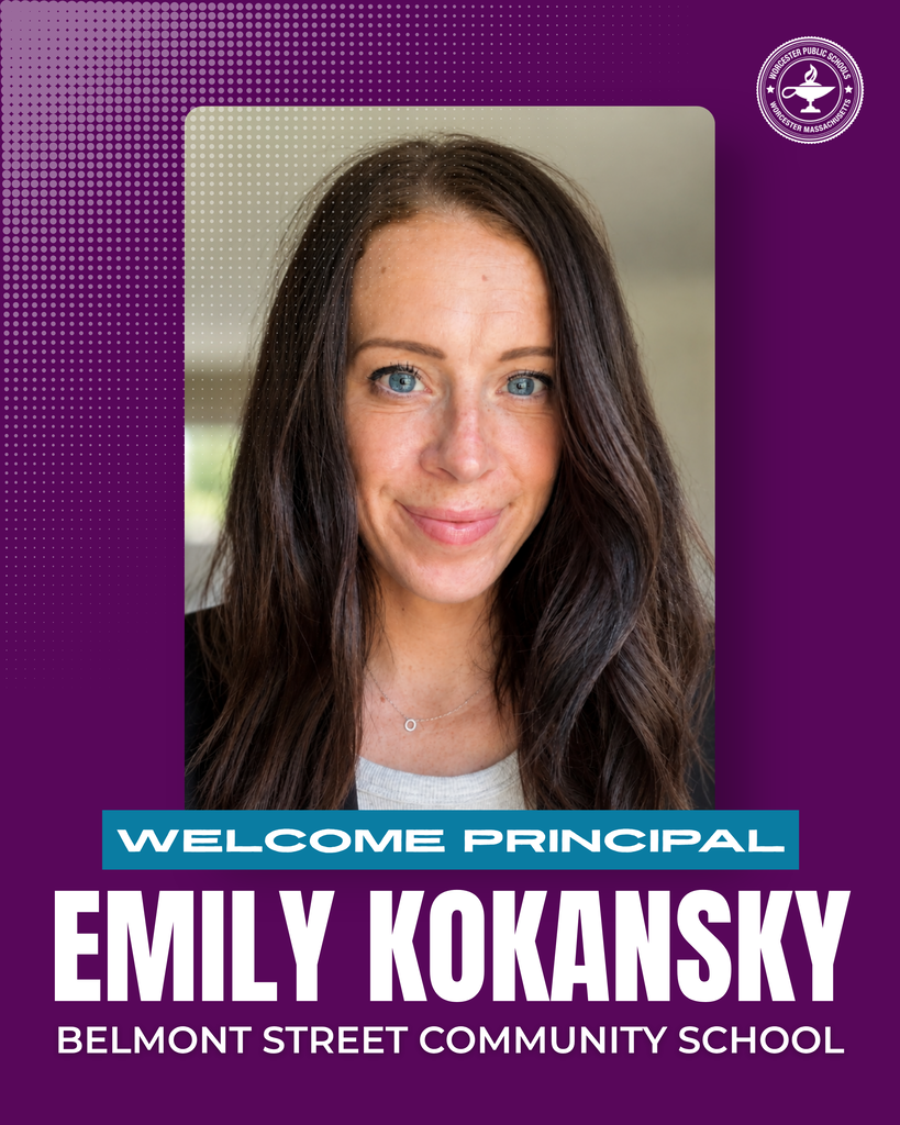 A headshot of Emily Kokansky with the words "Welcome Principal Emily Kokansky, Belmont Street Community School.
