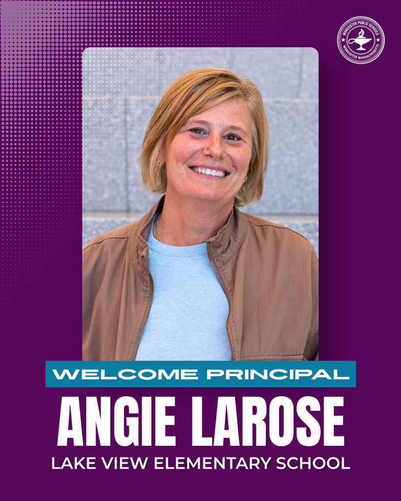 A photo of Angie LaRose with the words "Welcome Principal Angie LaRose, Lake View Elementary School."