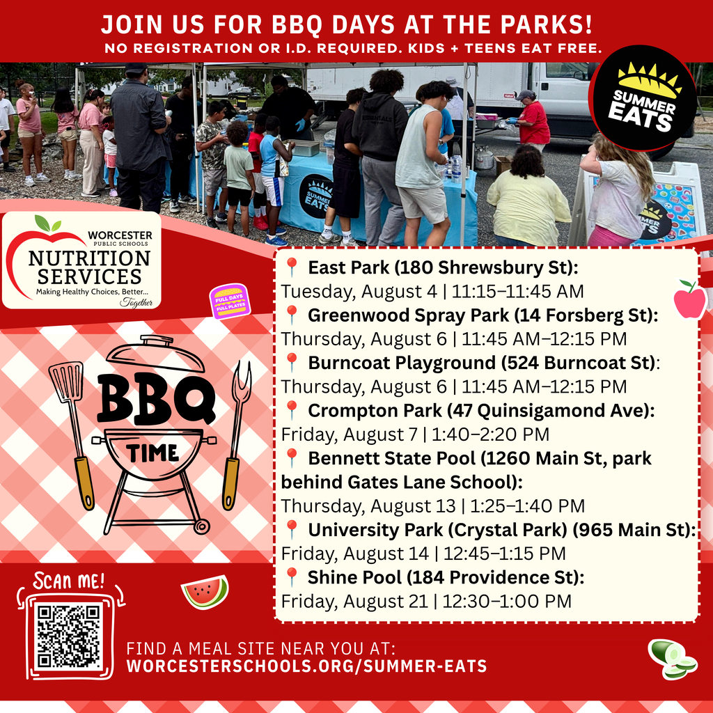 Poster announcing "BBQ Days at the Parks" with "Kids + Teens Eat Free" and a schedule of events.