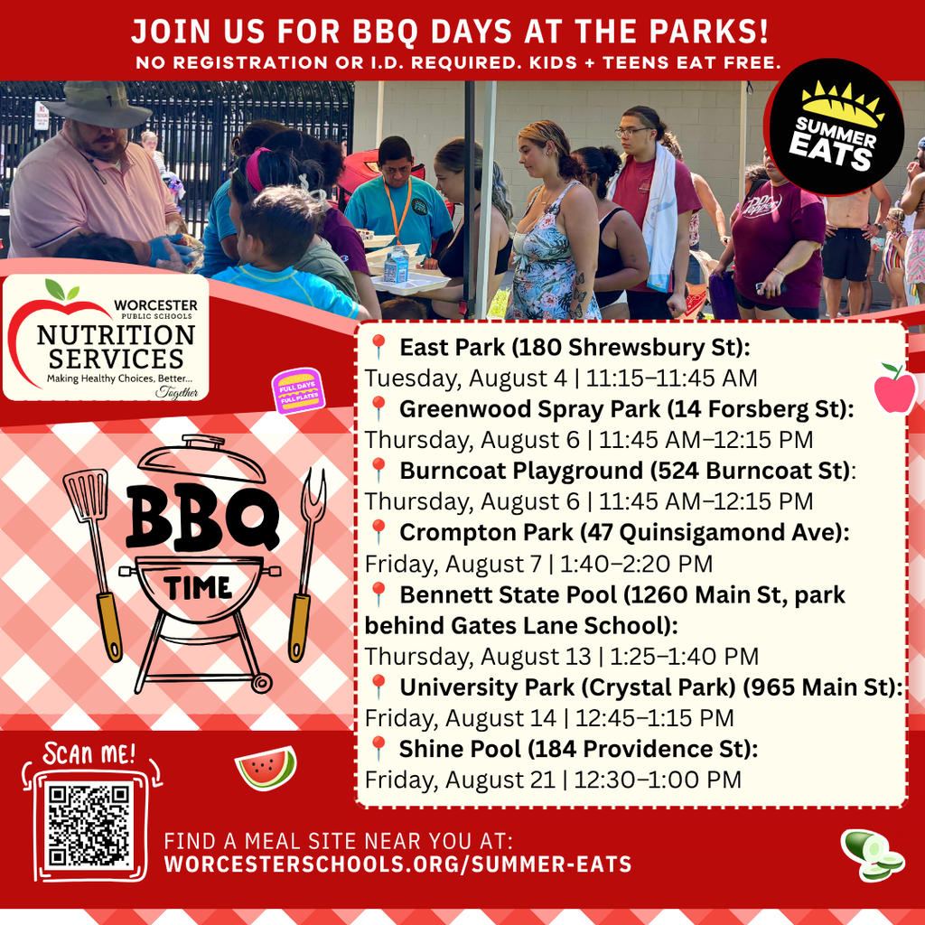 Poster announcing "BBQ Days at the Parks" by Worcester Public Schools Nutrition Services, with event dates and locations.