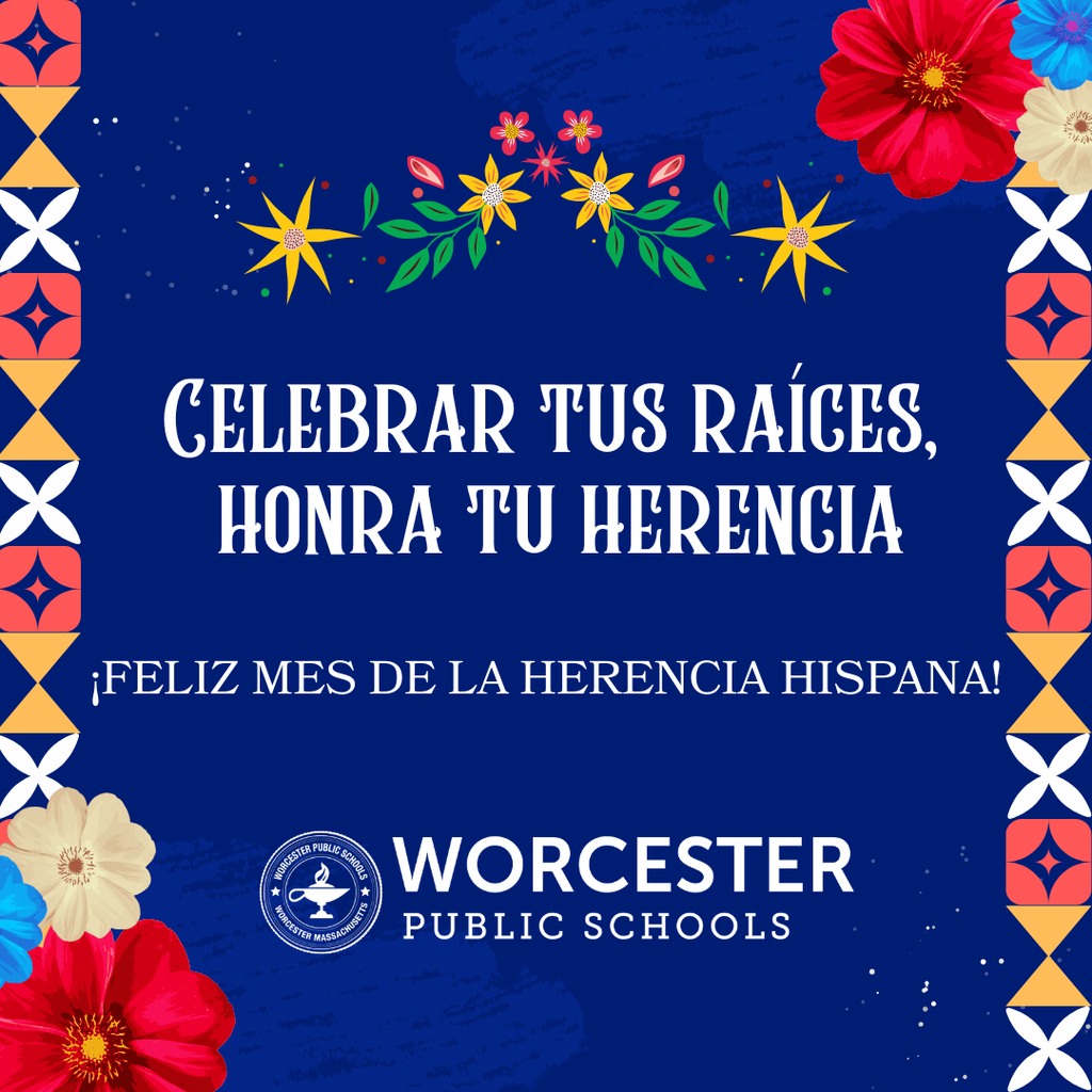 A graphic celebrating Hispanic Heritage Month with the text 'CELEBRAR TUS RAÍCES, HONRA TU HERENCIA' and '¡FELIZ MES DE LA HERENCIA HISPANA!'.
