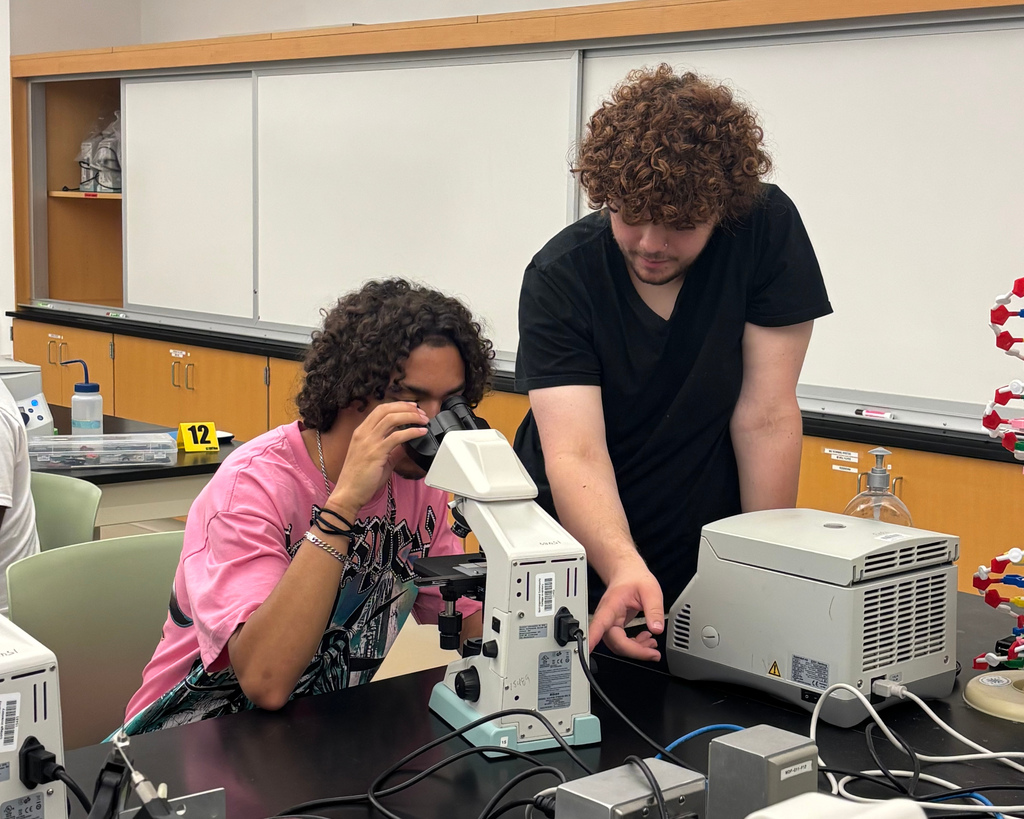 Students look through a microscope in a classroom setting.