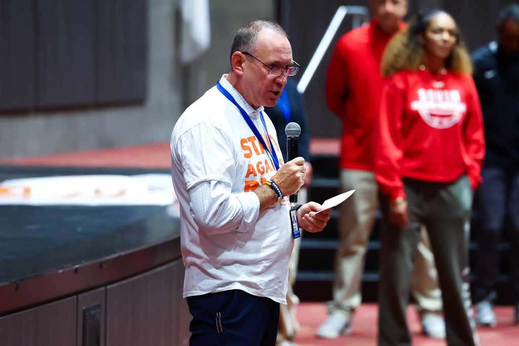 Superintendent Brian Allen speaks with student-athletes at South High.