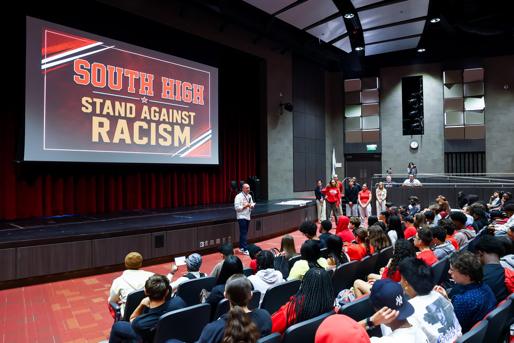 Superintendent Brian Allen speaks with student-athletes at South High.