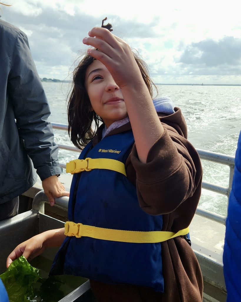 Students participate in a learning activity while on a boat.