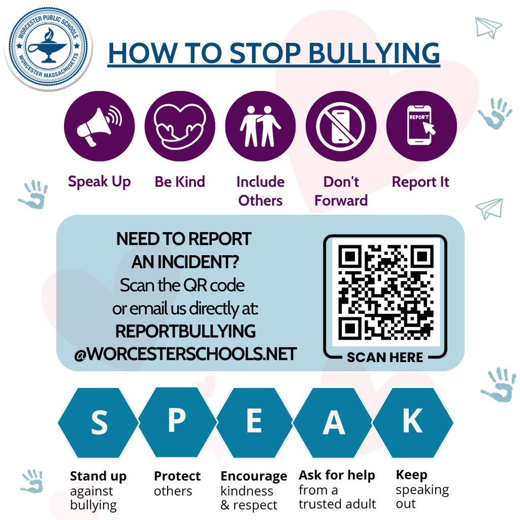 An educational poster from Worcester Public Schools titled 'How to Stop Bullying,' outlining five steps: Speak Up, Be Kind, Include Others, Don't Forward, and Report It.