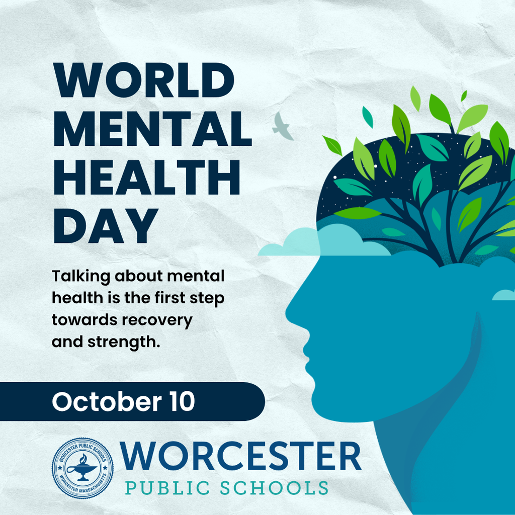 World Mental Health Day graphic features a blue silhouette of a head with vibrant green leaves growing out of the top, symbolizing growth and renewal.