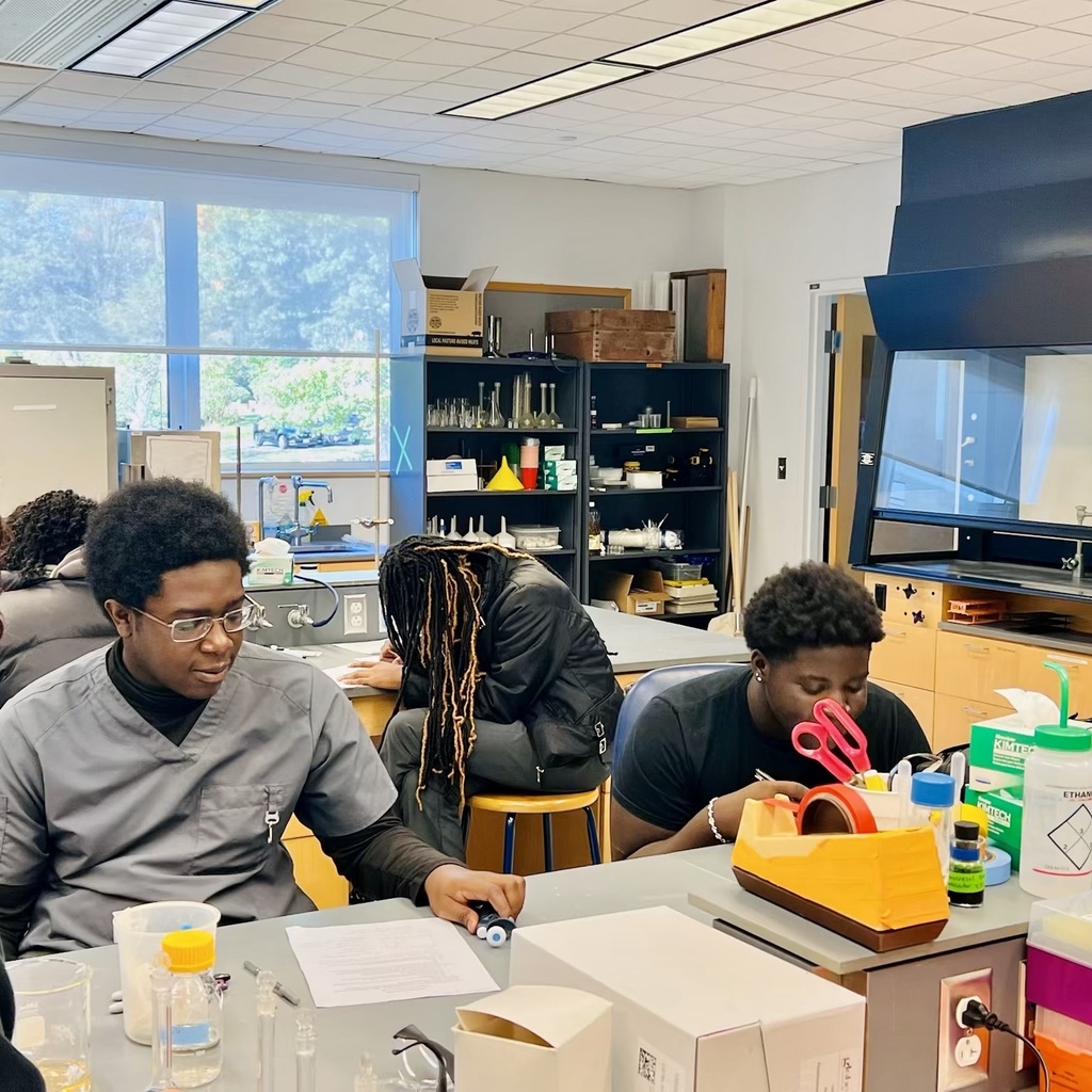 Students are focused on their work in a brightly lit science laboratory.