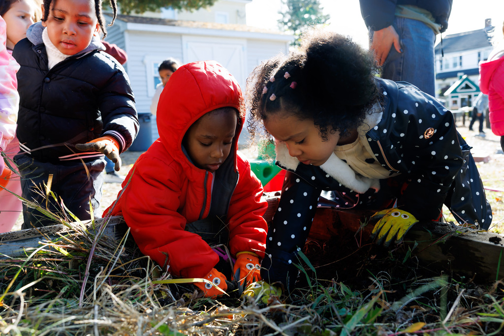 Two students pick through the garden together.