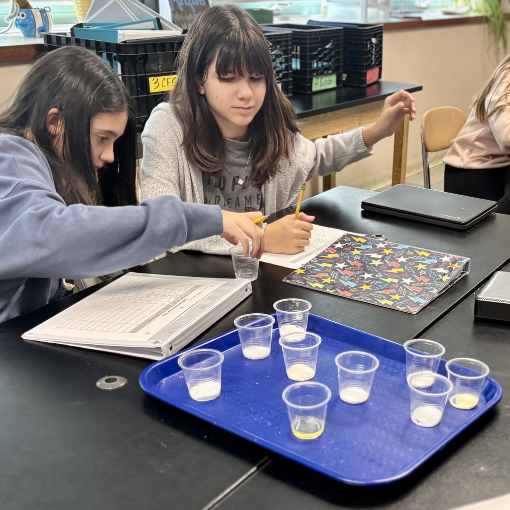 Two students conduct a science experiment at a table, working together with clear plastic cups and worksheets.