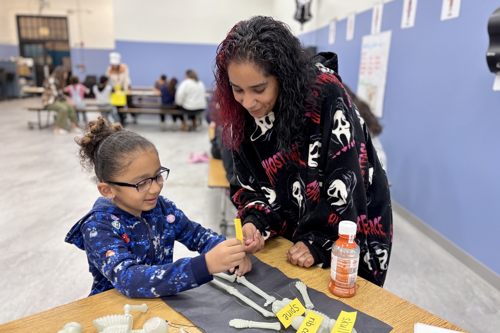A child and an adult assemble a model skeleton on a table in a classroom.
