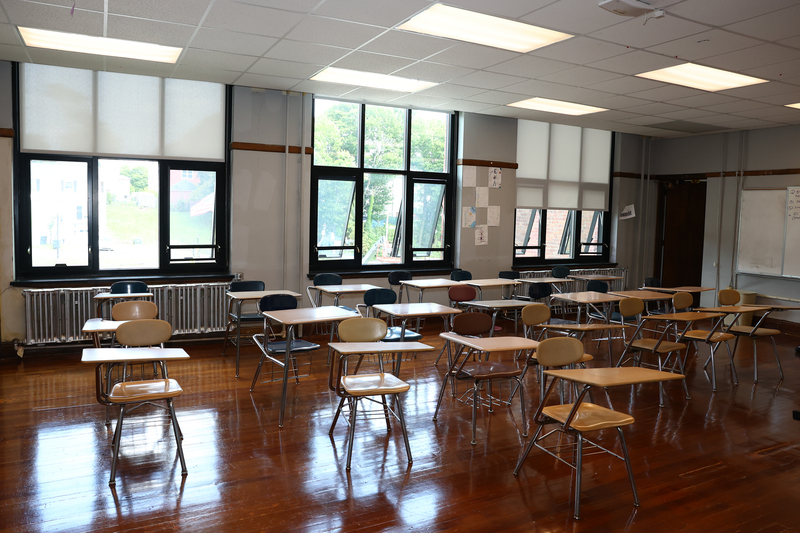 A look inside of a classroom of Worcester East with the new windows visible in the background.