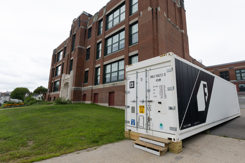 The hydroponic growing container outside of Vernon Hill School.
