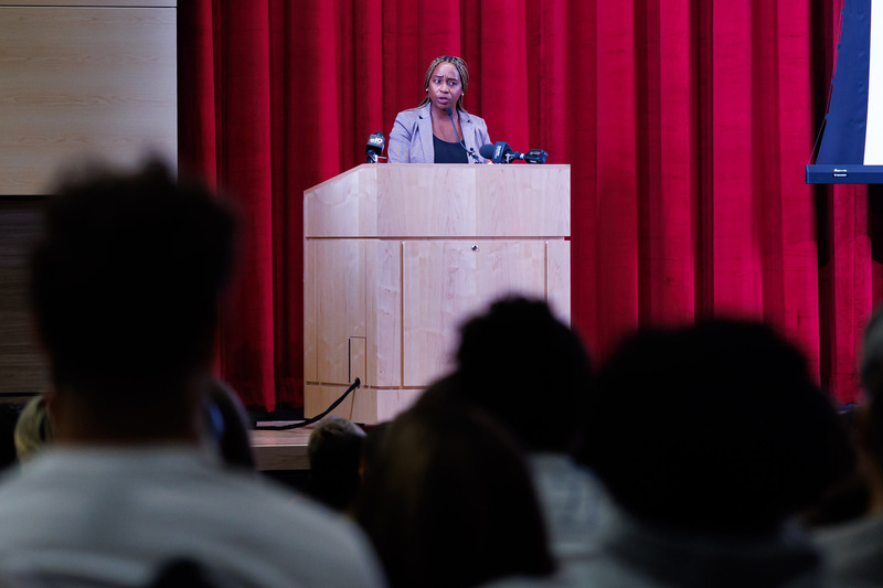 The Massachusetts Attorney general speaks on stage.