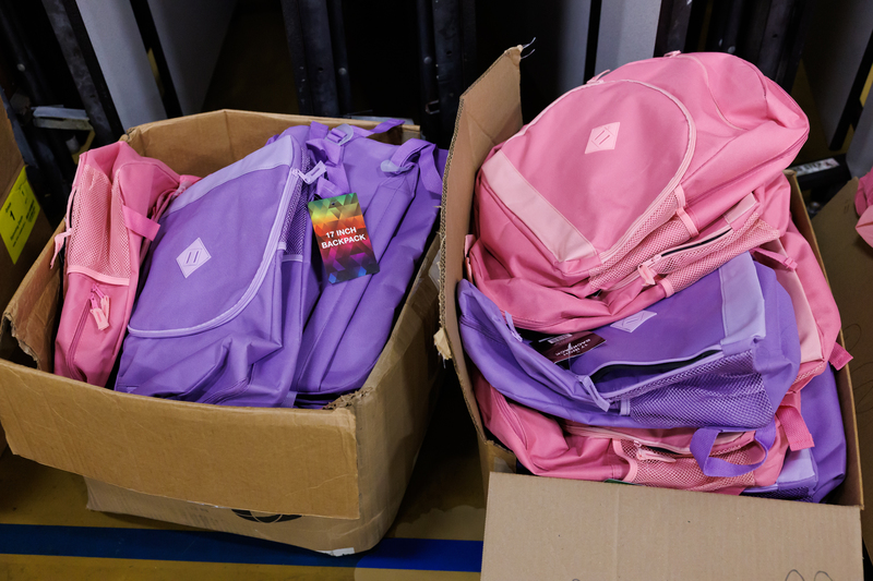 A close-up view of some of the more than 400 backpacks donated to Chandler Elementary Community School by Isaac Yiadom, New Orleans Saints cornerback and Worcester Public Schools alumnus. Each backpack was filled with school supplies for the students. 