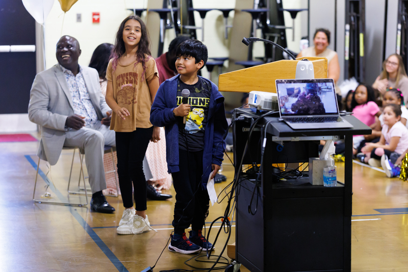 A Chandler Elementary Community School student asks a question over Zoom to New Orleans Saints cornerback and Worcester Public Schools alumnus Isaac Yiadom during a giveback event on Tuesday, October 7, 2025.