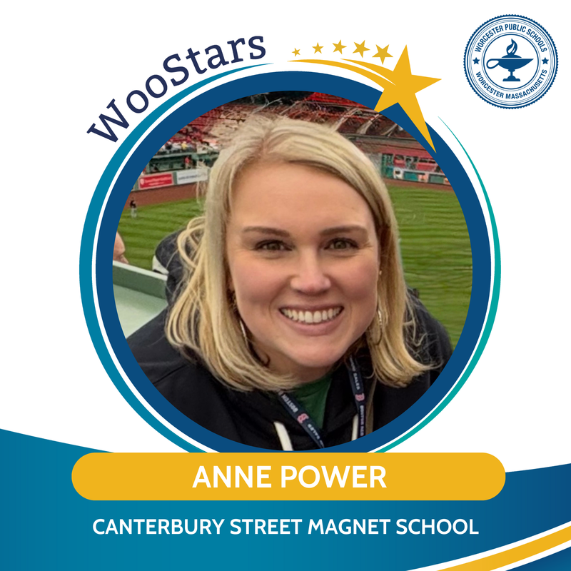 A WooStars graphic of Anne Power at Canterbury Street Magnet School.