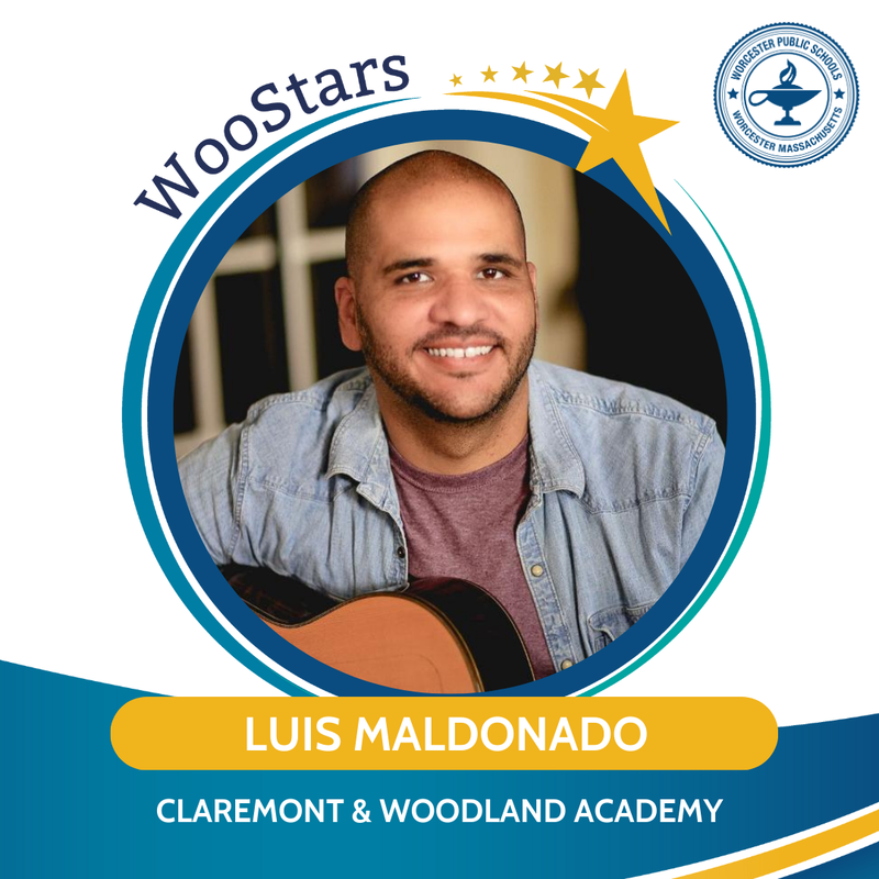 A WooStars graphic of Luis Maldonado, Music Teacher at Claremont & Woodland Academy.
