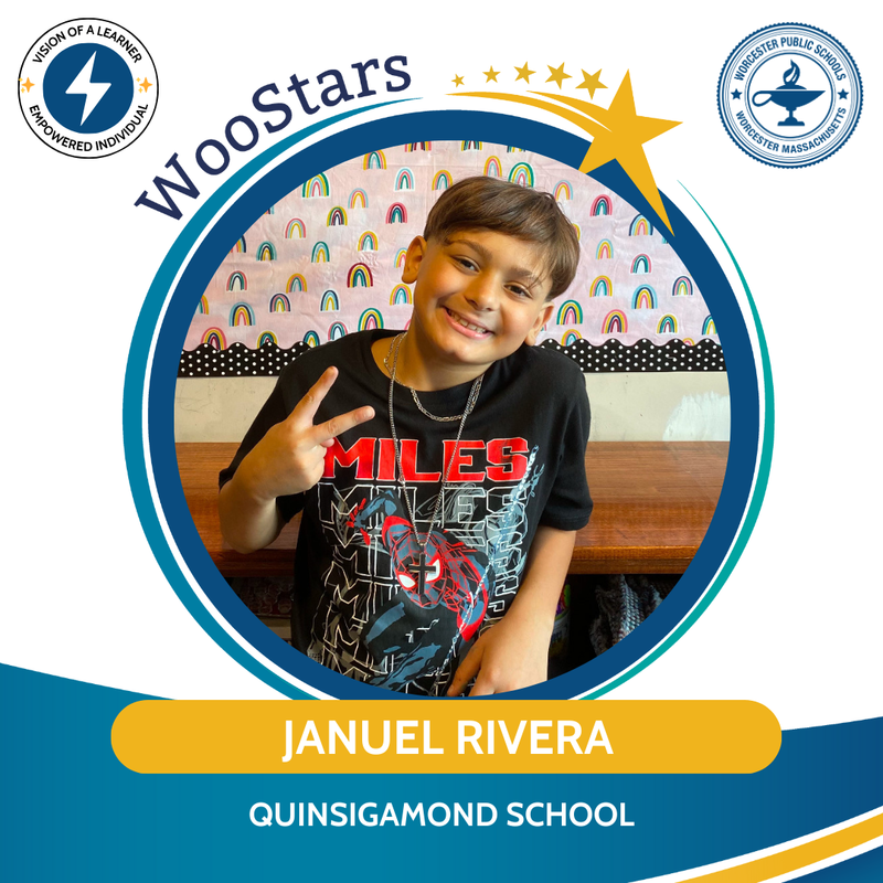 A WooStars graphic of Januel Rivera, a student at Quinsigamond School.