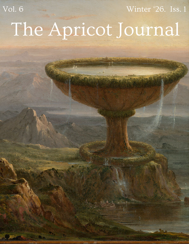 The cover art for The Apricot Journal’s Winter 2026 edition (Vol. 6, Issue 1), which features a large fountain in a mountain setting.