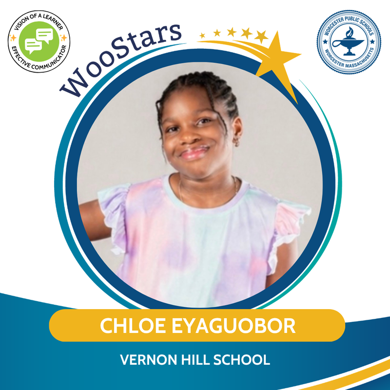 A WooStars graphic of Chloe Eyaguobor from Vernon Hill School.