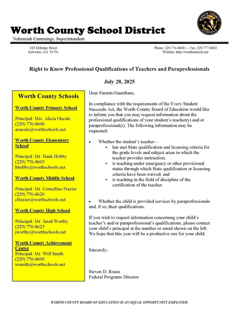 WSCD Parent's Right to Know Leter