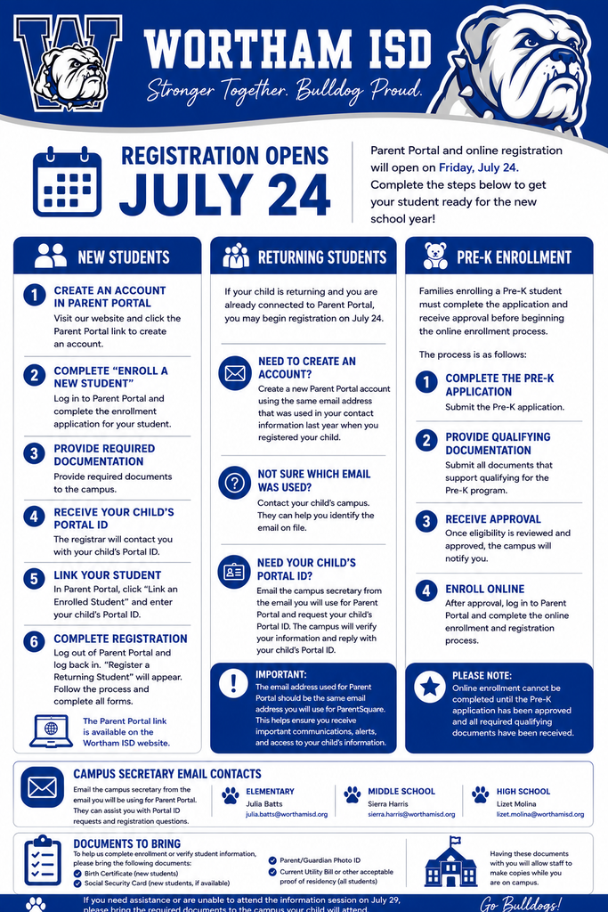 Wortham ISD Registration opens July 24th. Instructions for New, Returning, and PreK Students. Information Session/assistance on July 29th at 4pm Wortham High School. 