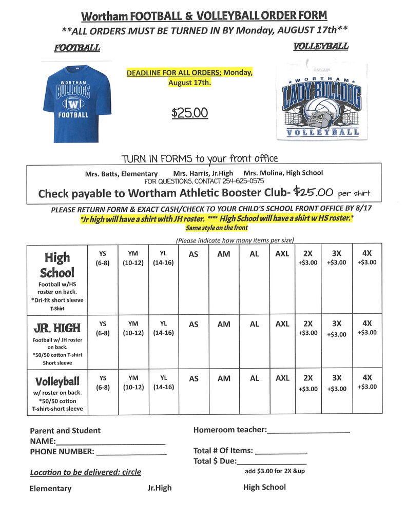 Wortham Athletic Booster Club T shirt order form