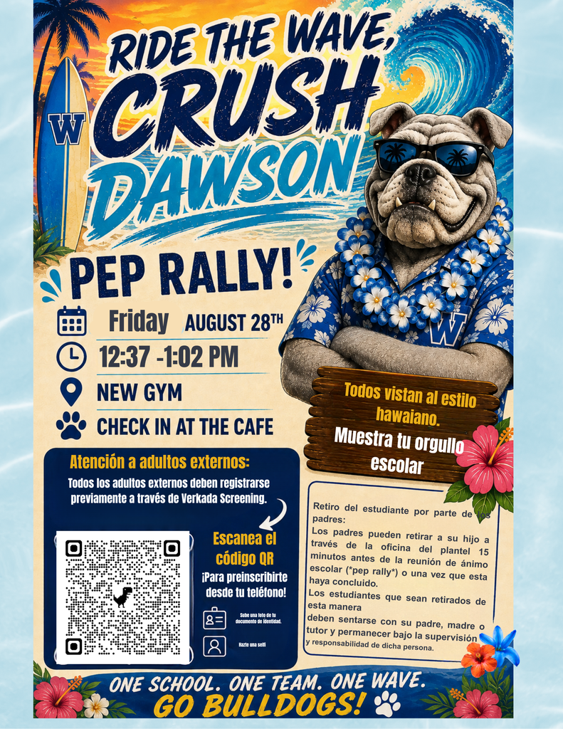 Bulldog wearing a Hawaiian Shirt. A wave curls behind. A QR Code to scan
